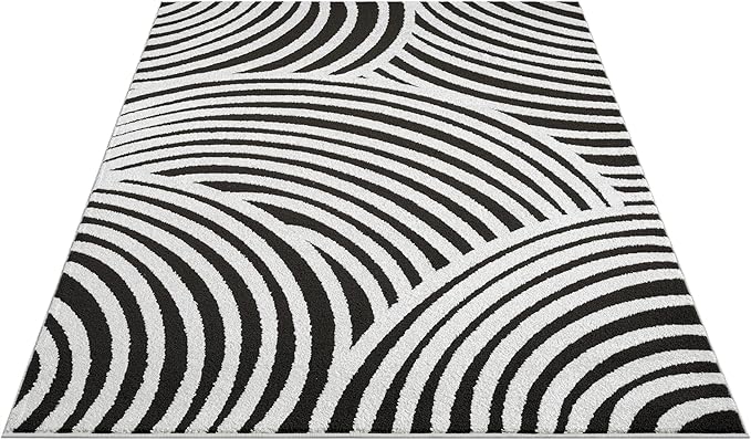 Abani Nomad Cream & Black Area Rug 8' x 10' for Living Room, Bedroom - Black Linear Curves Design - Durable & Easy to Clean