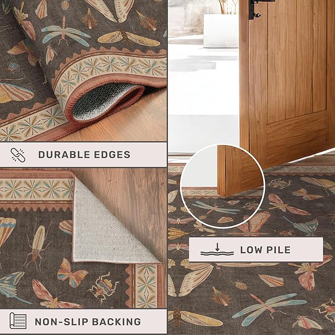 2'6"x8' 8ft Long Hallway Runner Rug, Stain Resistant Non-Slip Kitchen Floor Mats, Boho Front Door Rug Indoor Entrance, Whimsical Insect Moth Décor, Low Pile & Soft (Orange and Brown)