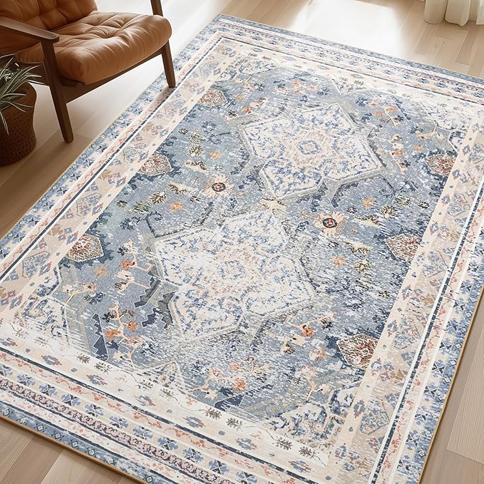 Phantoscope Washable Area Rug 8'x10' Non-Slip, Vintage Neutral Rugs for Living Room, Bedroom, Dining Room, Distressed Boho Geometric Medallion Pattern, Low-Pile Foldable Floor Carpet, Dusty Blue/Multi