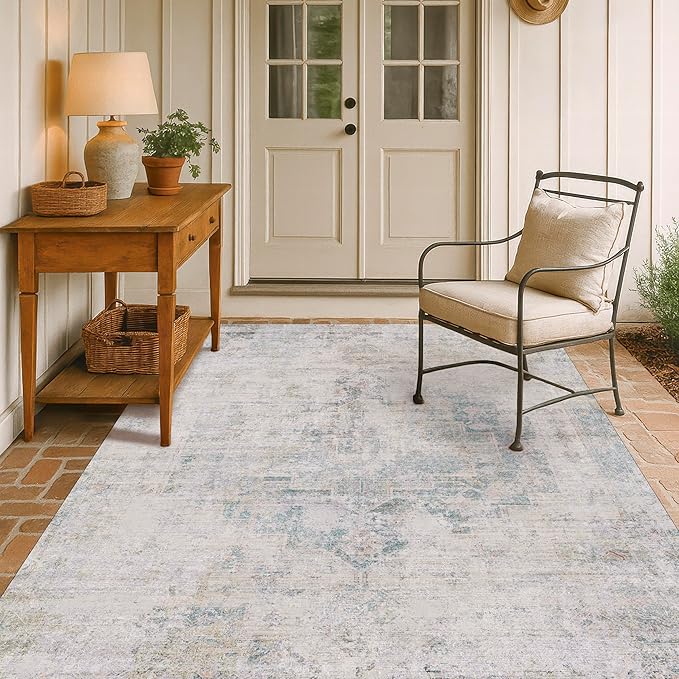 Low Pile Office Rugs for Rolling Chairs - 5x7 Abstract Rugs for Living Room, Large Entryway, Cream Slate Blue Decor, Non Slip with Rubber Backed & Stain Resistant