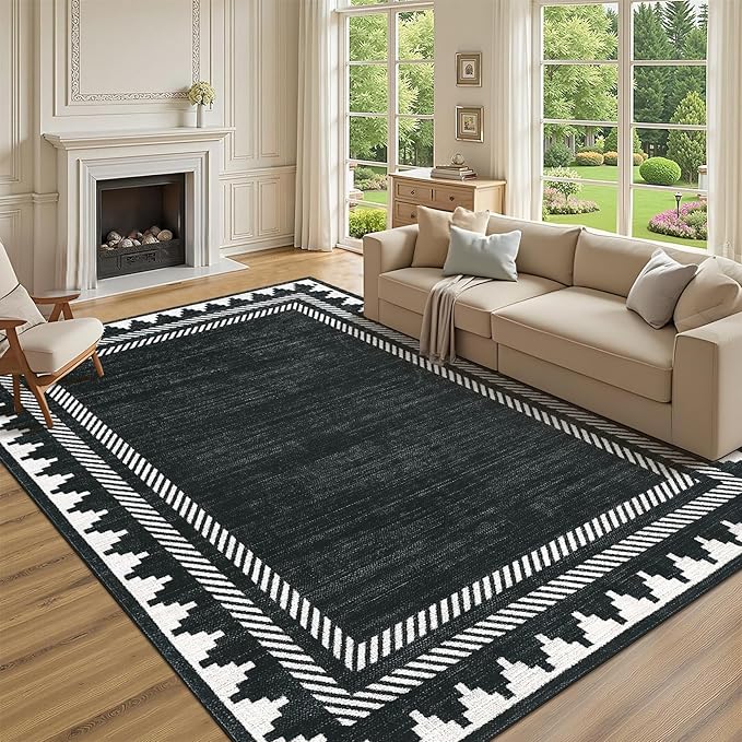 Modern Low Pile Non Slip 5x7 Machine Washable Living Room Area Rug Foldable Modern Geometric Soft Floor Carpet Geometric Bordered Stain Resistant Indoor Rug with Rubber Back, Black