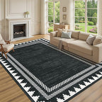 Modern Low Pile Non Slip 5x7 Machine Washable Living Room Area Rug Foldable Modern Geometric Soft Floor Carpet Geometric Bordered Stain Resistant Indoor Rug with Rubber Back, Black