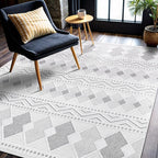 CAMILSON Micro Loop Rug 5x7 Modern Luxury Geometric Boho Diamond Area Rugs Soft High and Low Pile Stain Resistant Easy-Cleaning Non-Shedding for Living Room Office Indoor Carpet (5 x 7 / White - Gray)