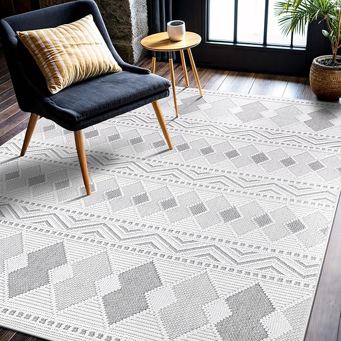 CAMILSON Micro Loop Rug 5x7 Modern Luxury Geometric Boho Diamond Area Rugs Soft High and Low Pile Stain Resistant Easy-Cleaning Non-Shedding for Living Room Office Indoor Carpet (5 x 7 / White - Gray)