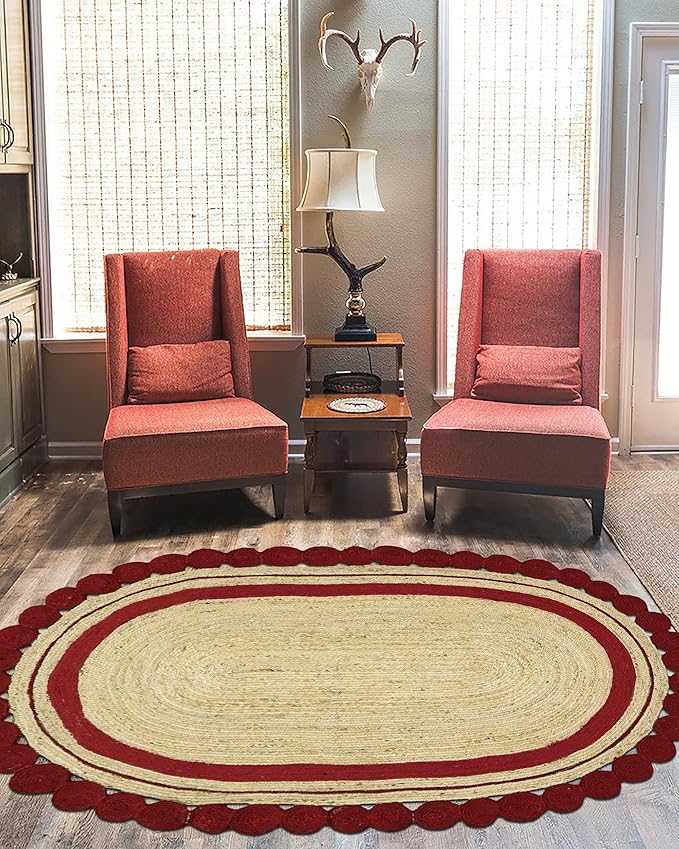 8x11 Oval Jute Rug – Handmade Boho Flatweave Carpet, Solid Red Beige Natural Jute, 0.27" Thick, Hand Braided Kilim Rug for Bedroom, Living Room, Dining Area