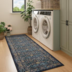 DOKINO 2x10 Runner Rug for Hallway, Vintage Washable Long Kitchen Rug with Low Pile Design, Floral Non Slip Soft Carpet Runner for Hallway, Kitchen, Bathroom, Bedroom, Dark Blue