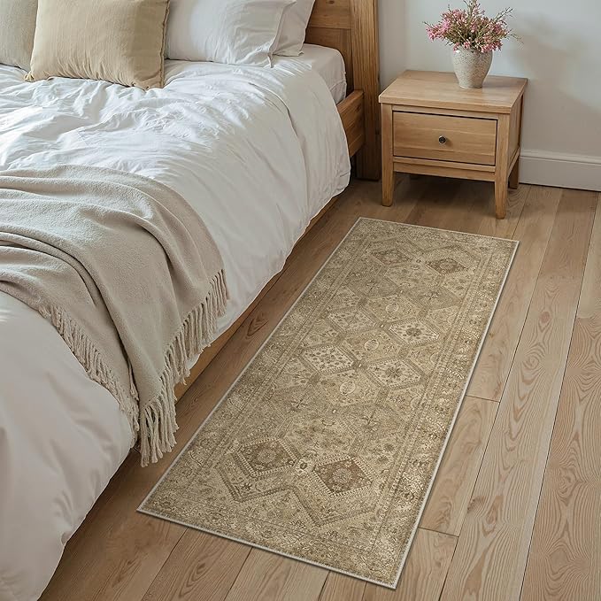 Bavni 2x5 Runner Rug Non Slip, Machine Washable Rug Runners for Hallways, Vintage Distressed Print Kitchen Runner, Low Pile Lightweight Carpet Runner for Entryway Laundry Bedroom Bathroom Nut Brown