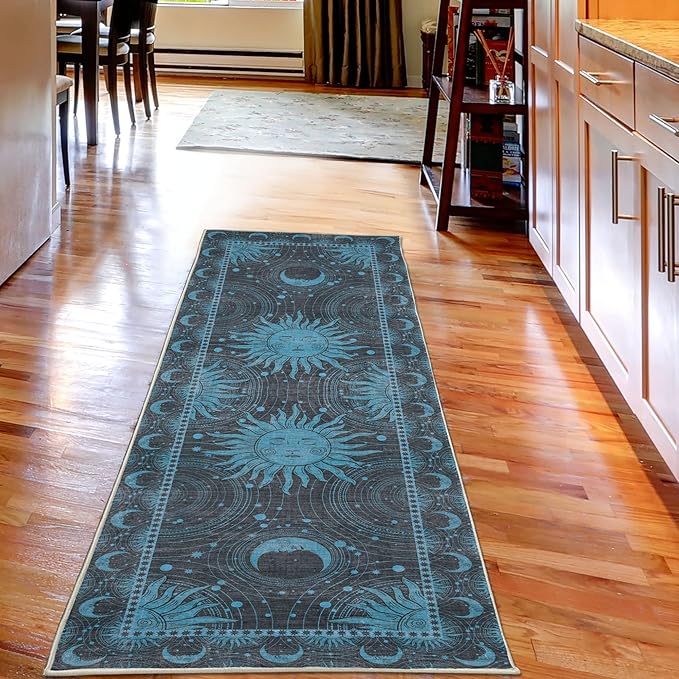 Ambesonne Sun and Moon Decorative Rug, Bohemian Artwork Design of Crescent Solar Ornament Esoteric Stars Ornaments, Quality Carpet for Bedroom Dorm and Living Room, 2' 5" x 7' 5", Sky Blue