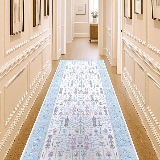 Fame Living Cream Blue Oushak Rug, Modern Rugs, Vintage, Turkish, Eclectic, Floral, Pastel, Washable, Small Throw, Accent Area Rug for Living Room, Bedroom, Kitchen, Bathroom, 2'5"x4'9