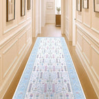 Cream Blue Oushak Runner Rug, Modern Runners, Vintage, Turkish, Eclectic, Floral, Pastel, Washable, Long Runner Rugs for Hallway, Kitchen, Living Room, Bedroom, Kitchen, Bathroom, 2'5"x13'