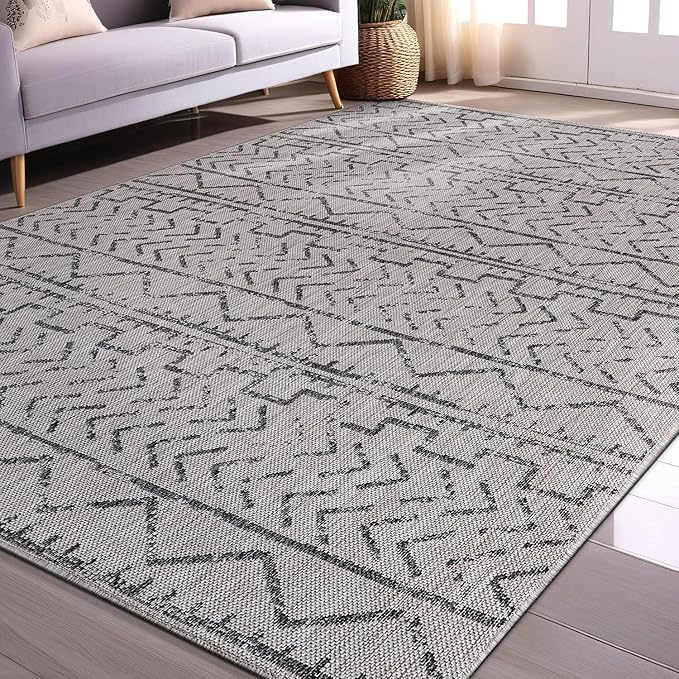 Beverly Rug Waikiki Indoor Outdoor Rug 6x9, Washable Outside Carpet for Patio, Deck, Porch, Trellis Area Rug, Water Resistant, Dark Grey - Light Grey