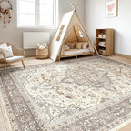 6x9 Area Rugs Living Room: Washable Boho Large Neutral Vintage Soft Rug Stain Resistant Farmhouse Non Slip Indoor Floor Carpet for Bedroom Nursery Kids Playroom Office Dining Room- Beige Brown