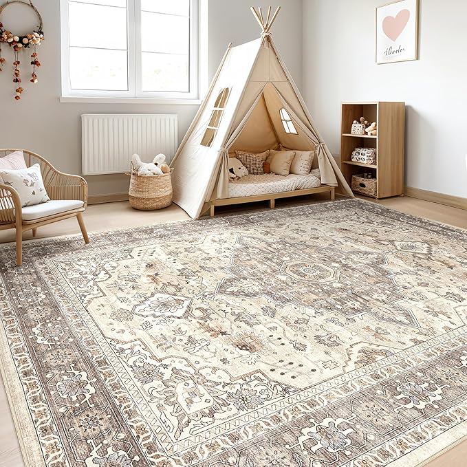7x9 Area Rug Living Room: Washable Boho Large Neutral Vintage Soft Rugs Stain Resistant Farmhouse Non-Slip Indoor Floor Carpet for Bedroom Nursery Kids Playroom Office Dining Room- Beige Brown