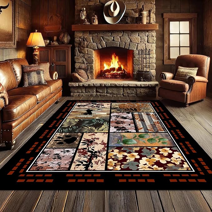 Rustic Cabin Area Rug 3x5ft, Animal & Moroccan Plaid Pattern Vintage Boho Carpet, Stain-Resistant Pet-Friendly & Non-Slip Low Pile for Living Room, Bedroom, Dining Room
