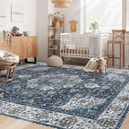 Area Rug 5x7 Washable Rug, Vintage Boho Medallion Rugs Non-Slip Soft Low Pile Large Distressed Rug Indoor Retro Carpet for Living Room Bedroom Dining Room Home Office (Vintage Blue, 5'x7')