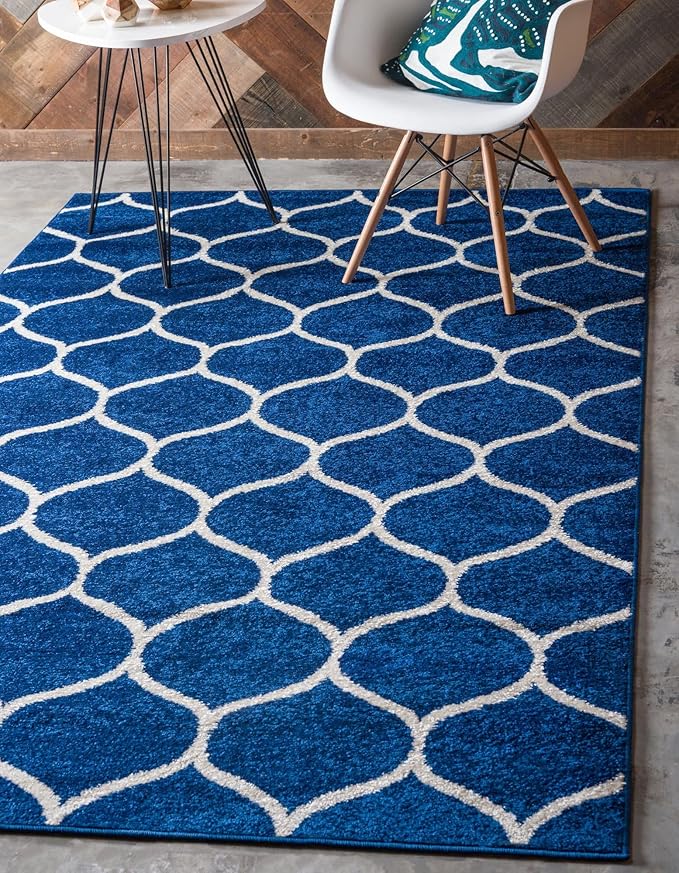 Rugs.com Lattice Frieze Collection Rug – 8' x 10' Navy Blue Medium Rug Perfect for Living Rooms, Large Dining Rooms, Open Floorplans