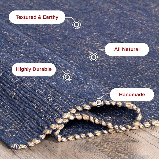 nuLOOM 10x14 Elfriede Jute & Cotton Hand Woven Area Rug, Blue, Solid Rustic Farmhouse Style, Weaved Design, Natural Fiber, For Bedroom, Living Room, Dining Room, Hallway, Office, Entryway