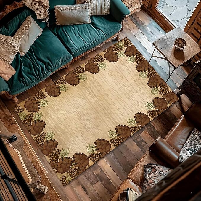 Rustic Lodge Brown Area Rug 6x8ft Pine Cone Leaf Botanical Print Home Decor Non Slip Washable Rug Pine Cones Area Rug Low Pile Thin Indoor Throw Carpet Rug for Laundry Dining Room Office