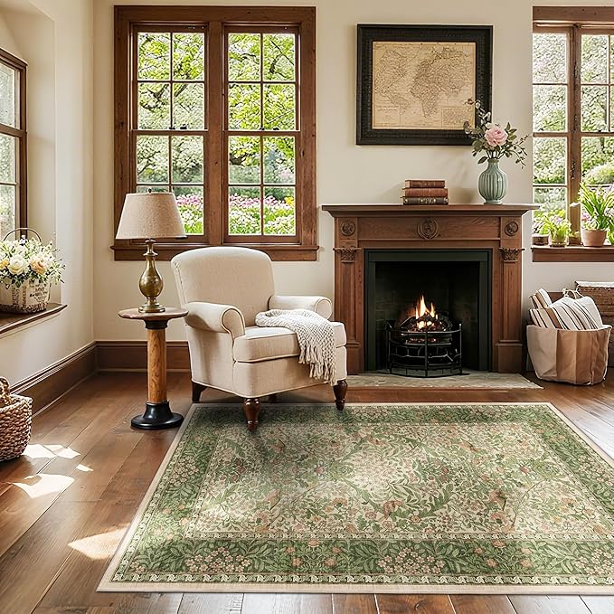 3x5 Floral Washable Area Rug for Living Room, Vintage Boho Rugs for Bedroom Dining Room, Botanical Birds Non Slip Low Pile Forest Throw Carpet for Farmhouse Office, Retro Pink/Green