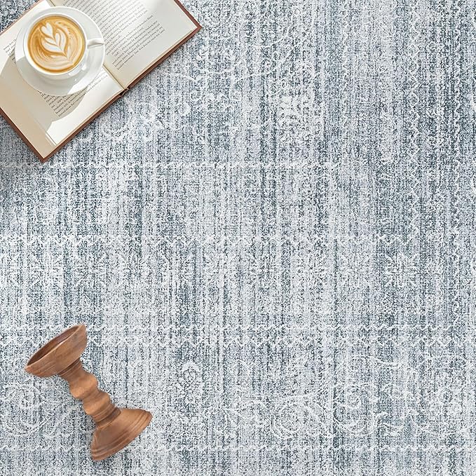 7x9 Area Rug Living Room: Washable Large Vintage Blue Rug Neutral Non-Slip Soft Stain Resistant Indoor Carpet for Bedroom Nursery Dining Room Under Table Bed Home House Office Playroom