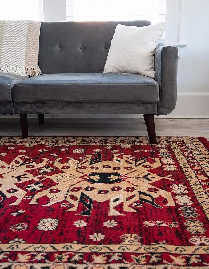 Unique Loom Taftan Collection Border Geometric Tribal Inspired Design Area Rug (4' 0 x 6' 0 Rectangular, Red/ Gold)