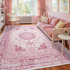 5x7 Bright Pink Area Rug for Living Room, Machine Washable Rugs with Non-Slip Backing for Girls Bedroom, Cute Vintage Carpet for Kitchen Laundry Kids Room