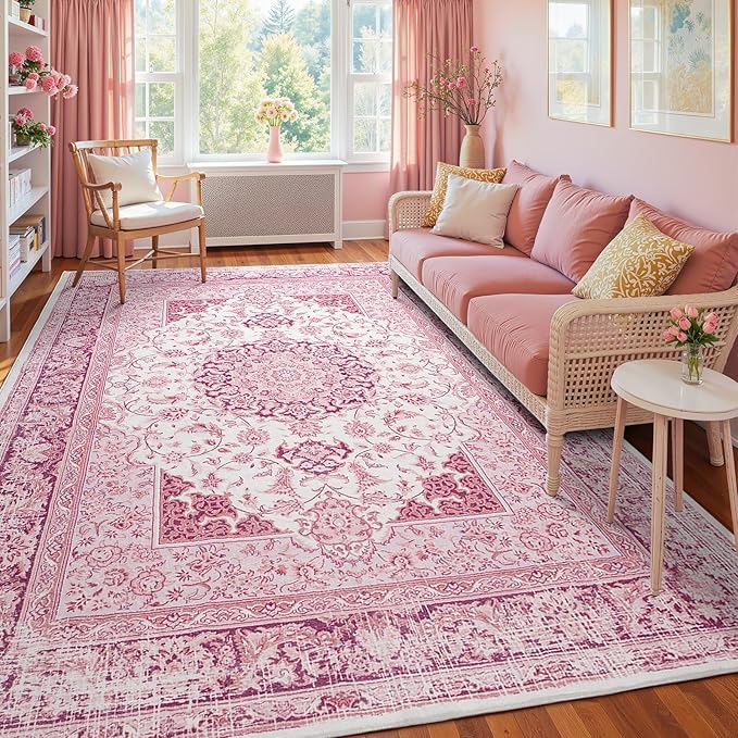 Bright Pink Area Rug for Living Room, 6x9 Machine Washable Rugs with Non-Slip Backing for Girls Bedroom, Large Vintage Carpet for Kitchen Laundry Kids Room