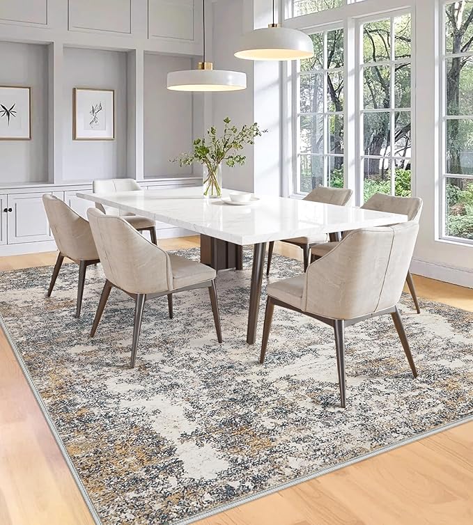 5x7 Washable Area Rugs - Modern Abstract Rugs for Living Room Non-Slip Low Pile Soft Machine Washable Carpet for Bedroom, Dining Room, Nursery, Home Office, Farmhouse (5'x7' Tan Blue)