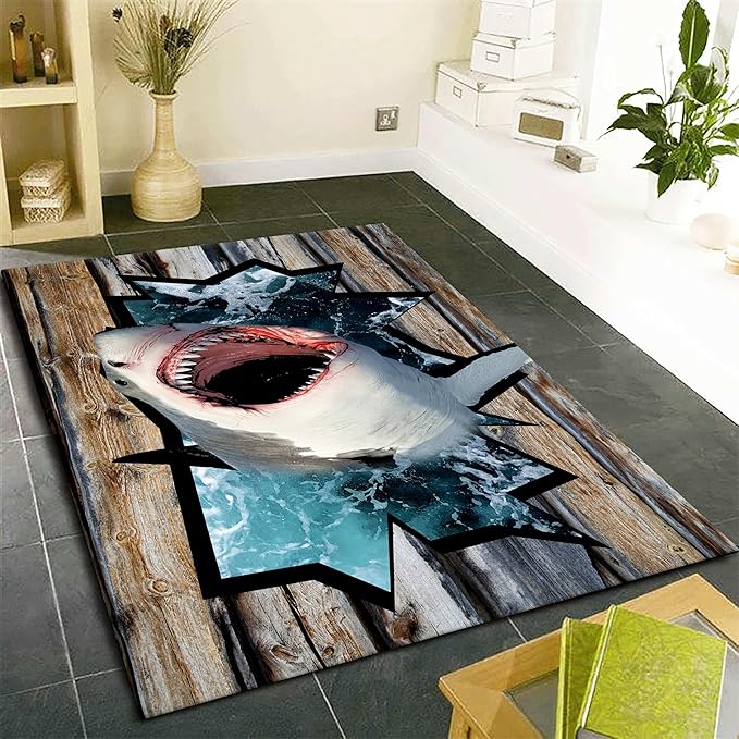 Sea Shark Kids Rugs, 8x10ft, Fierce Shark 3D Printed Carpet for Indoor, Marine Animals Broken Wooden Boards Realistic Effect Floor Mat, Dirty Resistant Machine Washable Carpets for Dorm