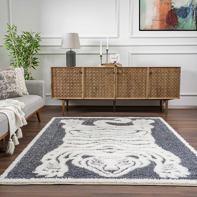 Hauteloom Tilos Moroccan Farmhouse Living Room Bedroom Nursery Shag Area Rug - Shaggy Carpet - Tiger Pattern - High Plush Pile - Dark Grey, Charcoal, Beige, Cream - 7'10" x 10'