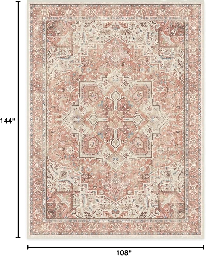RUGGABLE Washable Area Rug – Kamran Rose Pink 9x12, Stain-Resistant, Non-Slip – Large Machine Washable Rugs for Living Room, Bedroom, Hallway, Entryway & Office–with Standard Pad