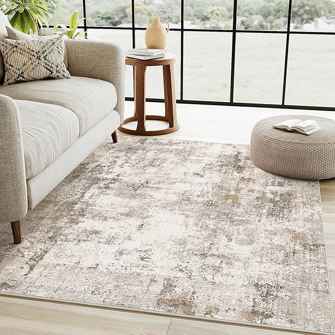 4x5 Washable Area Rug Brown Grey Abstract Entryway Office Throw Rug Neutral Modern Non Slip Soft Low Pile Indoor Carpet for Living Room Bedroom Kitchen Entrance