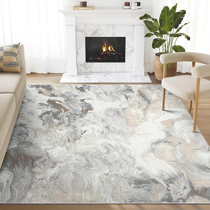 Abani Regal Beige Grey Area Rug for Living Room, Bedroom - Swirl Abstract Pattern - 4' x 6' - Durable & Easy to Clean