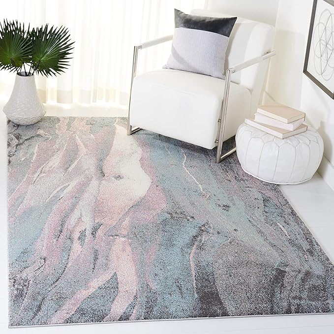 SAFAVIEH Glacier Collection 6'7" x 9' Pink / Blue GLA126U Modern Abstract Non-Shedding Living Room Bedroom Dining Home Office Area Rug