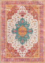 Moynesa Ultra-Thin Washable Vintage Area Rug - 5x7 Large Bedroom Boho Non-Slip Non-Shedding Living Room Mat Oriental Medallion Floor Carpet for Kids Nursery Room Office, Pink/Teal/Multi