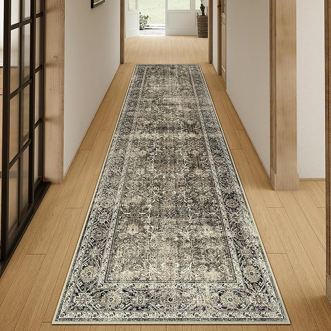 Brown Runner Rug 3x8 Vintage Area Carpet Hallway Long Indoor Kitchen Washable Living Room Low Pile Traditional Distressed Retro Accent Throw Rug Non Slip Laundry Bathroom Office Dining Room