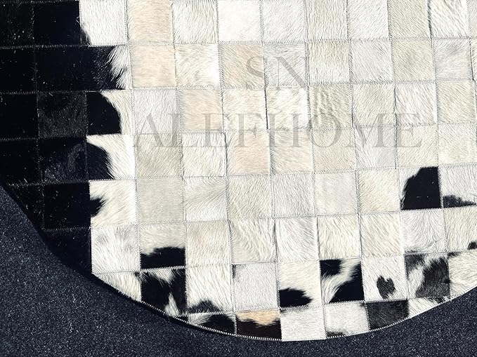 Round Geometric Patchwork Cowhide Leather Area Rug – Washable Non-Slip Modern Carpet for Living Room, Bedroom, Office & Home Décor, Faux Cowhide Accent Rug (Black & White, 5×5ft)