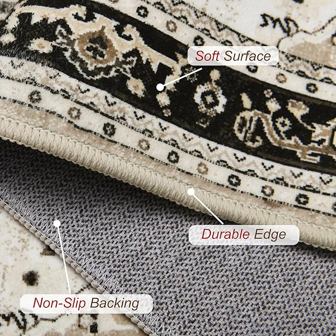 XWZO Runner Rug 2x6ft, Washable Hallway Runner with Non-Slip Backing, Vintage Spill Stain Resistant Floor Mat for Entryway Corridor Bedroom Kitchen, Soft Low-Pile Area Carpet, Brown Beige