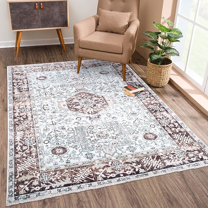 Bloom Rugs Caria Washable Non-Slip 6x9 Rug - Beige/Brown Traditional Area Rug for Living Room, Bedroom, Dining Room, and Kitchen - Exact Size: 6' x 9'