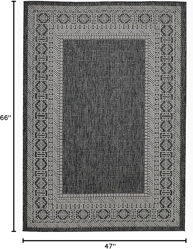 FH Home Flat Woven Outdoor Rug - Waterproof, Easy to Clean, Stain resistant - Premium Polypropylene Yarn - Bordered Moroccan - Patio, Deck,Porch,Balcony,Laundry - Accra - Charcoal - 3ft 11in x 5ft 6in