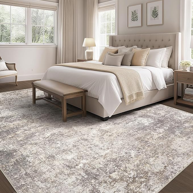 Area Rug Living Room Rugs - 7x10 Washable Large Soft Indoor Neutral Modern Abstract Low Pile Rug Carpet for Bedroom Dining Room Farmhouse Home Office - Brown