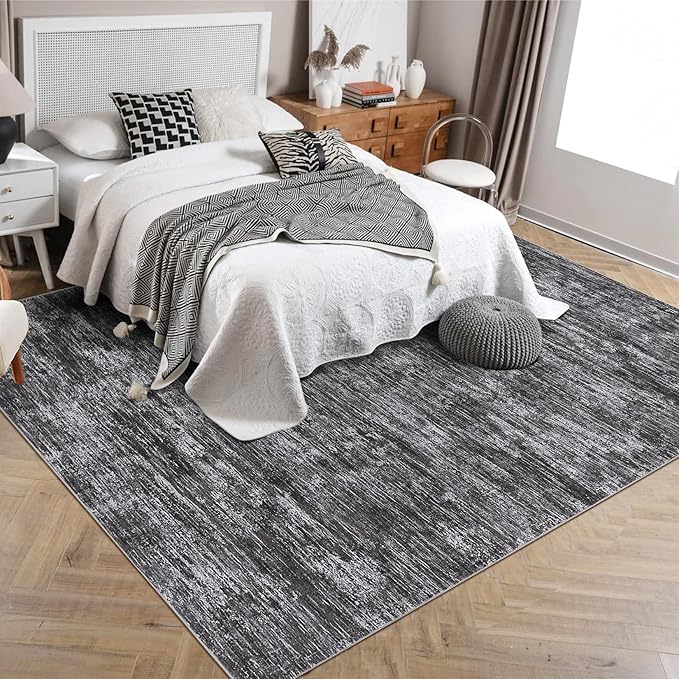 Garvee Bedroom Rugs 10x13 Office Rugs for Rolling Chairs Modern Solid Color Washable Rug with Non Slip Backing, Non Shedding Low Pile Neutral Carpet Stain Resistant Mats for Living Room, Dark Grey