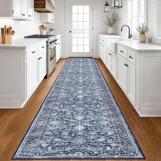KILOCOCO Hallway Runner 3x18 Rug Runner Printed Vintage Floral Washable Kitchen Runners Non-Slip Rubber Backed Runners for Hallways Laundry Room Distressed Boho Rugs for Bedroom, Blue