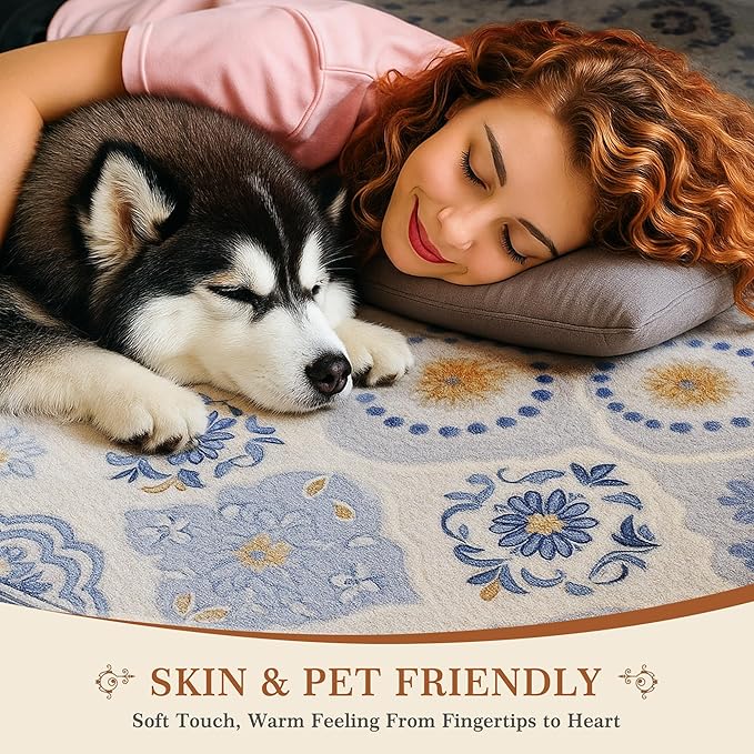 EnHomee Washable Area Rugs 4x6, Soft Area Rug for Living Room Bedroom, Boho Non Slip Low Pile Stain Resistant Washable Rug Large Carpet for Dining Room,Easy to Clean Living Room Rug, Blue