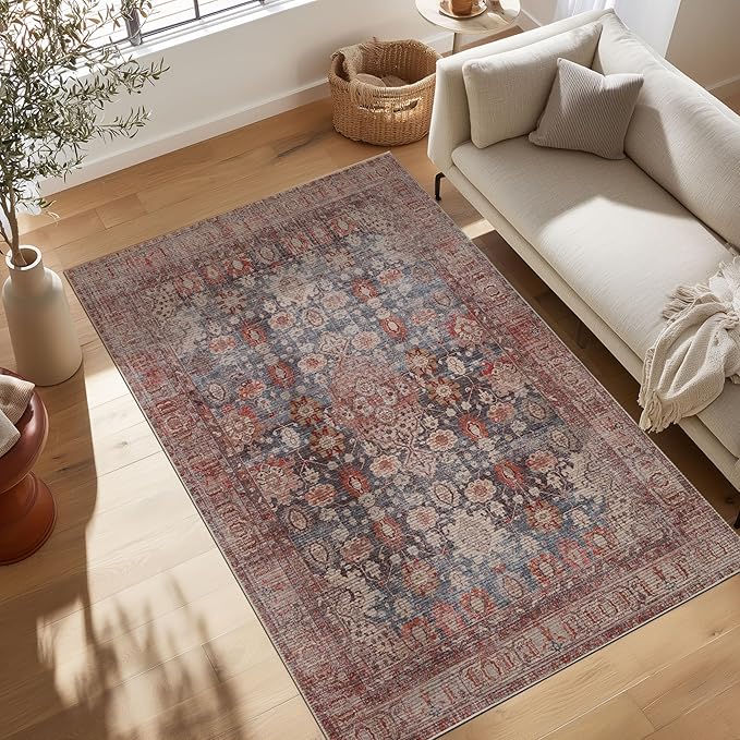 Kuden 4x6 Area Rug, Machine Washable Area Rug with Non-Slip Backing, Vintage Style, Soft, Easy Clean, Low Pile Rug for Living Room, Bedroom, Dining Room