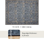 Washable Living Room Rug: 9x12 Boho Floral Soft Area Rug for Bedroom Decor - Vintage Low Pile Thin Carpet for Dining Room Non-Slip - Farmhouse Stain Resistant Rugs - Slate Blue