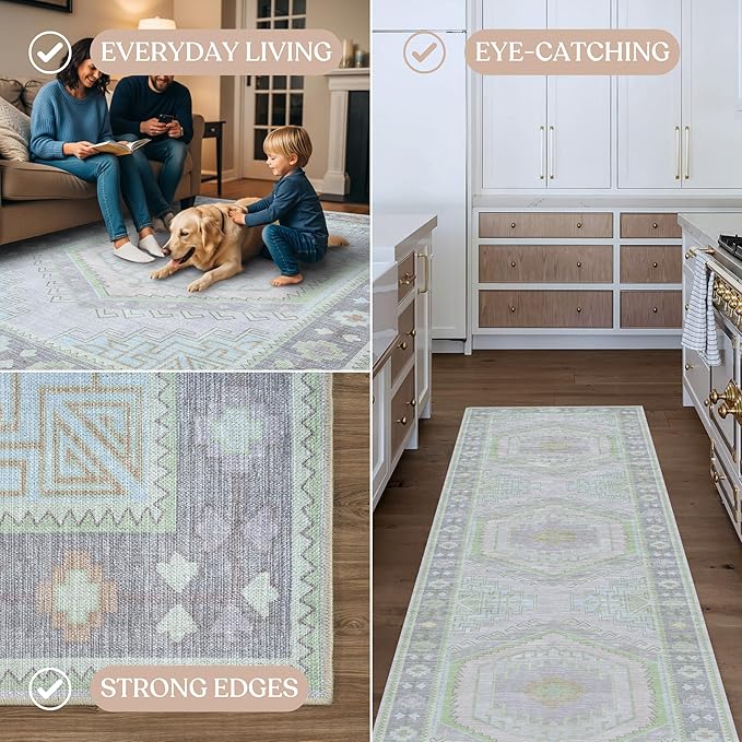 Fame Living Washable Area Rug. Modern Farmhouse. Vintage. Turkish. Bohemian. Distressed. Oriental. Traditional. Rugs for Living Room. Dining. Bedroom. Office. Entryway. Foyer. (856GrnCrm, 5'9" x 8'9")