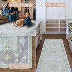 Fame Living Washable Area Rug. Modern Farmhouse. Vintage. Turkish. Bohemian. Distressed. Oriental. Traditional. Rugs for Living Room. Dining. Bedroom. Office. Entryway. Foyer. (856GrnCrm, 2'5" x 9'8")