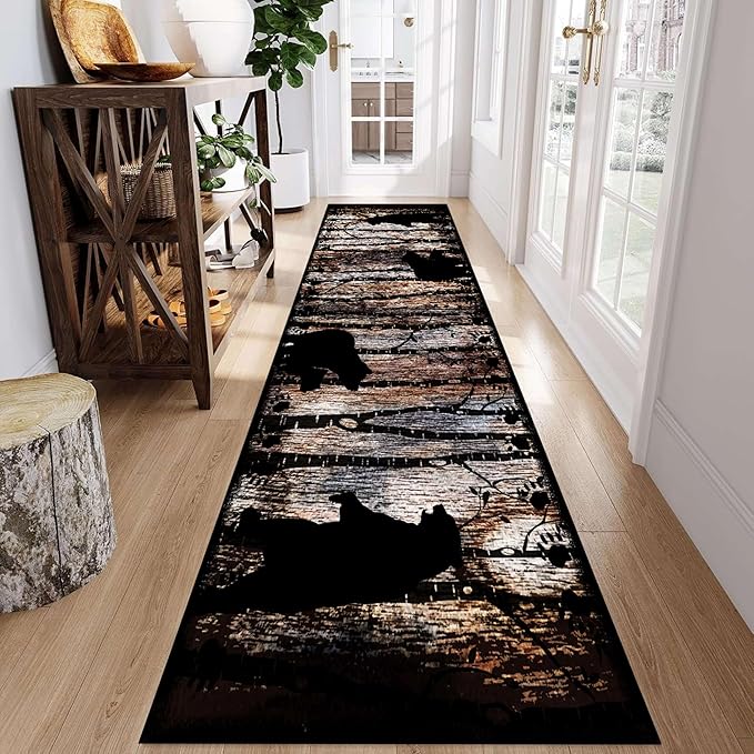 Wildlife Bear Runner Rug, 2x6ft, Vintage Wood Grain Wild Animal Black Bear Corridor Carpet, Non-Slip Washable Long Runner Rug for Farmhouse, American Country Wood Floor Entrance Rug Door Mat