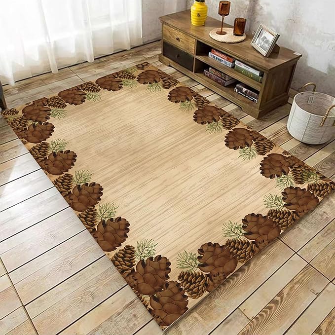 Rustic Lodge Brown Area Rug 5x8ft Pine Cone Leaf Botanical Print Home Decor Non Slip Washable Rug Pine Cones Area Rug Low Pile Thin Indoor Throw Carpet Rug for Laundry Dining Room Office